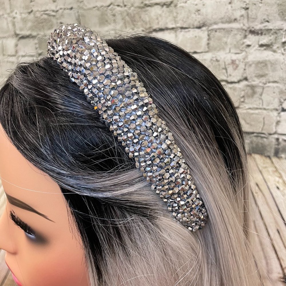 Hematite glass beaded puff headband NEW
